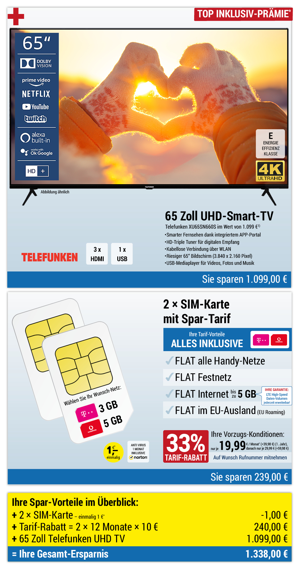 Für nur 1 €*: 65 Zoll UHD-TV + 2 × Sim-Karte mit ALL NET FLAT für je 19,99 €/Monat im ersten Jahr