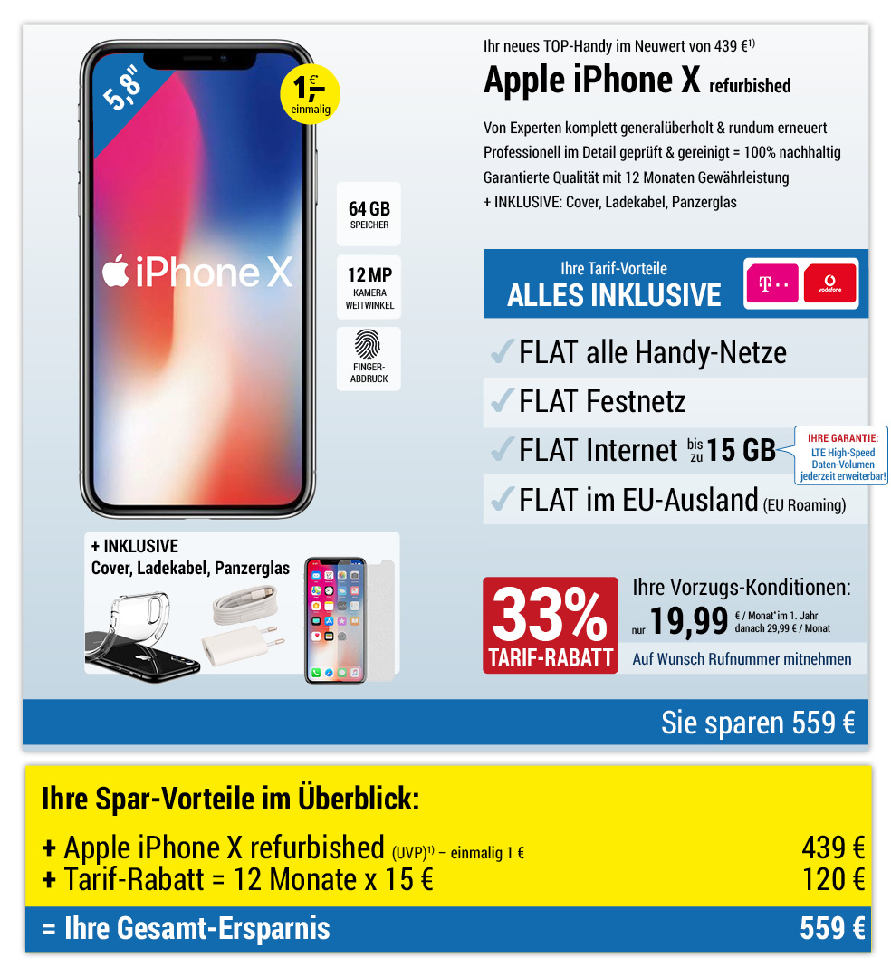Für nur 1 €*: Refurbished Apple iPhone X mit ALL NET FLAT für 19,99 €/Monat im ersten Jahr