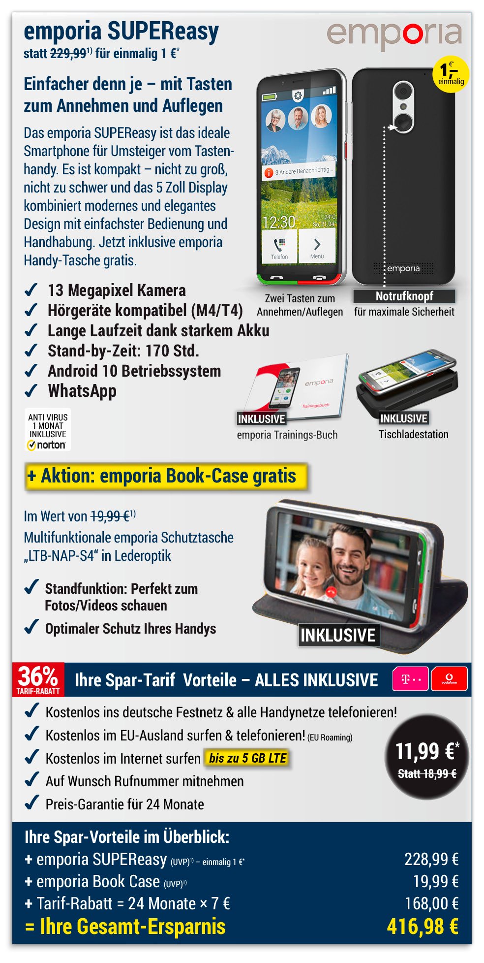 Für nur 1 €*: emporia SUPEReasy + Bookcase mit ALL NET FLAT für 11,99 €/Monat