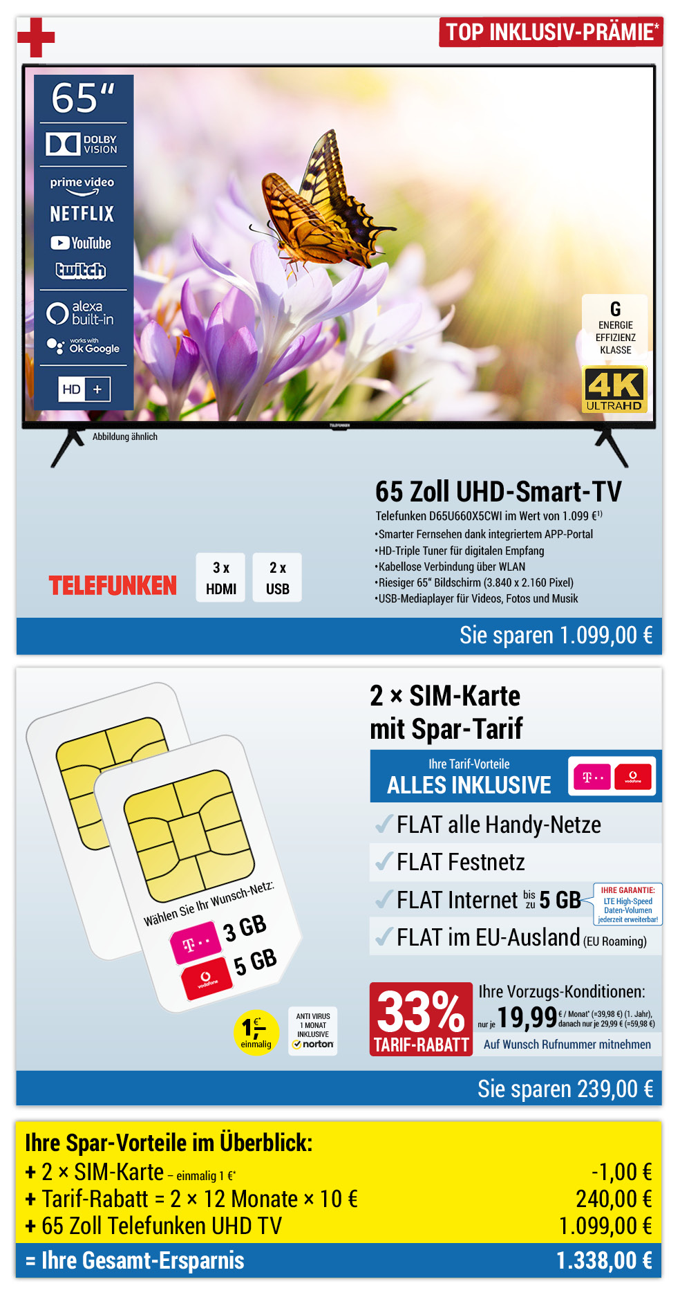 Für nur 1 €*: 65 Zoll UHD-TV + 2 × Sim-Karte mit ALL NET FLAT für je 19,99 €/Monat im ersten Jahr