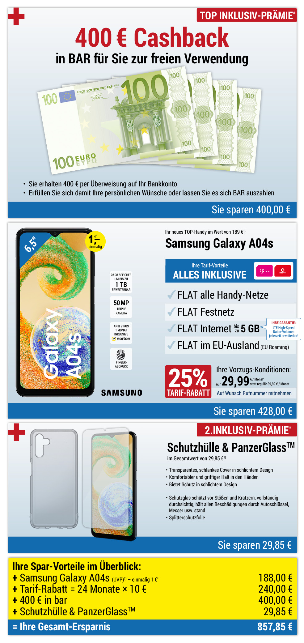 Für nur 1 €*: Samsung Galaxy A04s + Zubehör + 400 € bar INKLUSIVE + Handyverträge mit ALL NET FLAT für 29,99 €/Monat