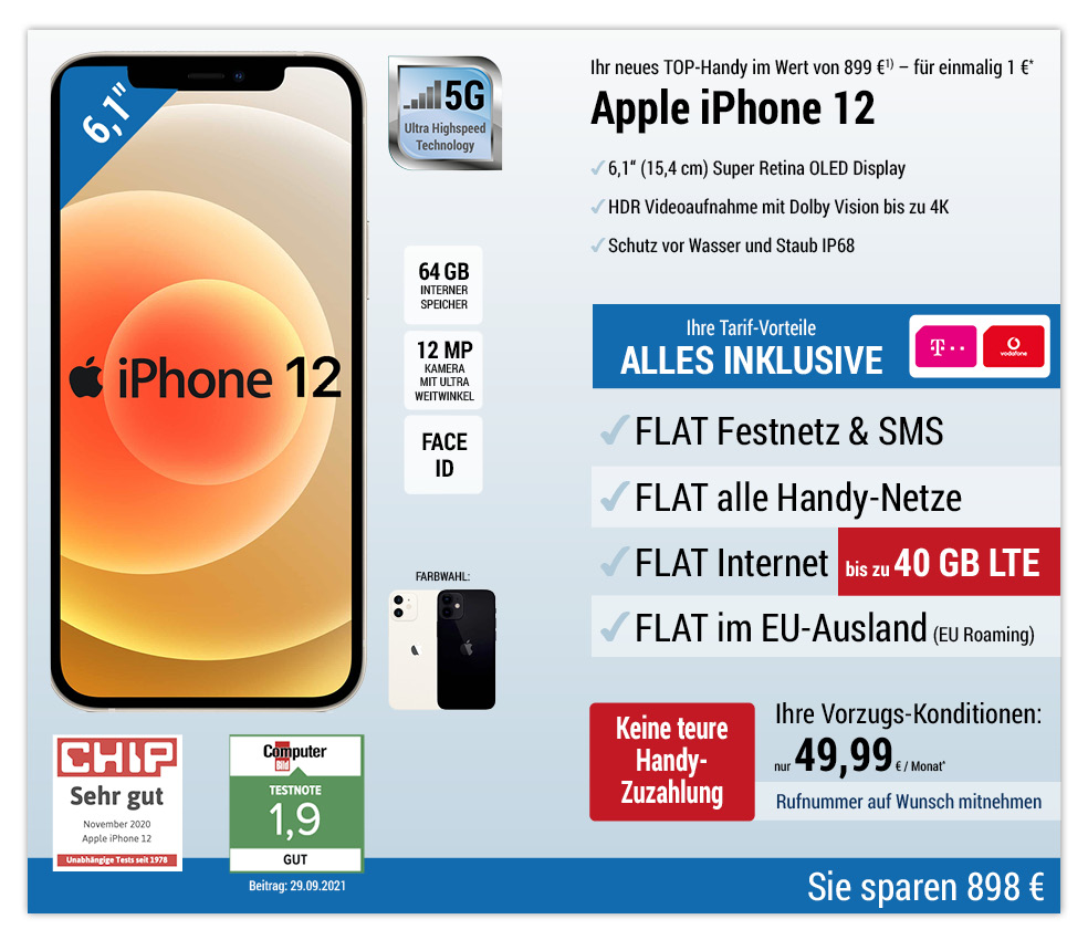Für nur 1 €*: Apple iPhone 12 mit ALL NET FLAT für 49,99 €/Monat