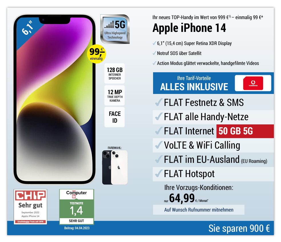 Für einmalig 99 €*: Apple iPhone 14 mit ALL NET FLAT für 64,99 €/Monat