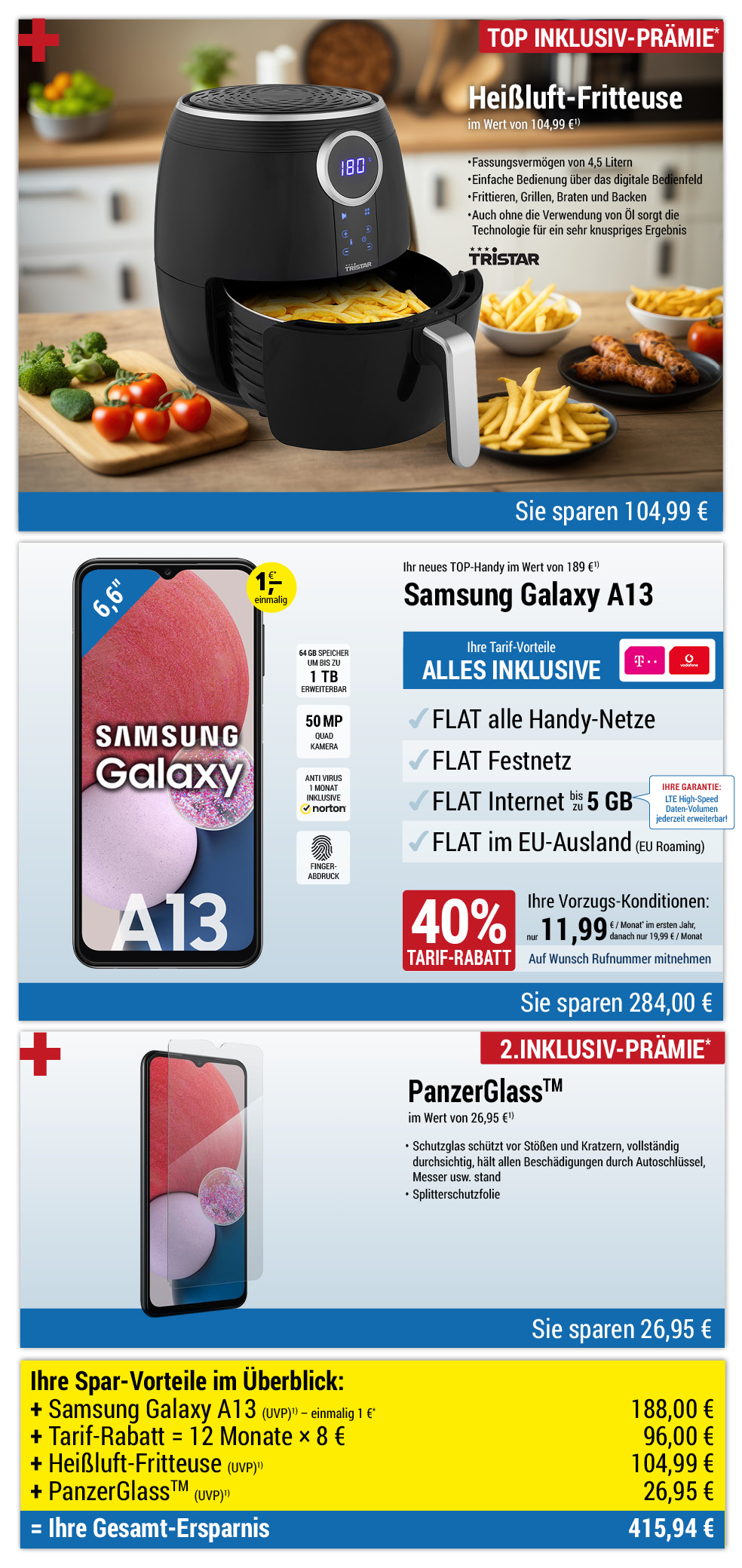 Für nur 1 €*: Samsung Galaxy A13 + Schutzfolie + Heißluft-Fritteuse mit ALL NET SPAR-Tarif für 11,99 € pro Monat im ersten Jahr