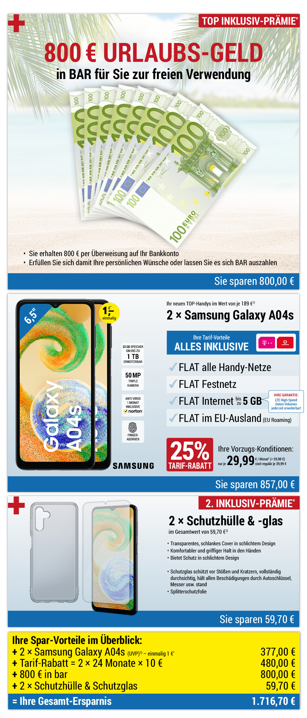 Für nur 1 €*: 2 × Samsung Galaxy A04s + Zubehör + 800 € bar INKLUSIVE + Handyverträge mit ALL NET FLAT für je 29,99 €/Monat