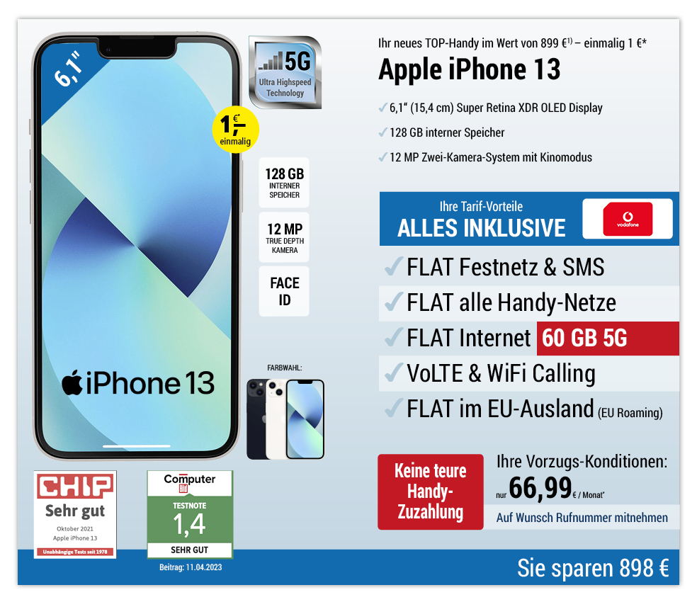 Für einmalig 1 €*: Apple iPhone 13 mit ALL NET FLAT für 66,99 €/Monat