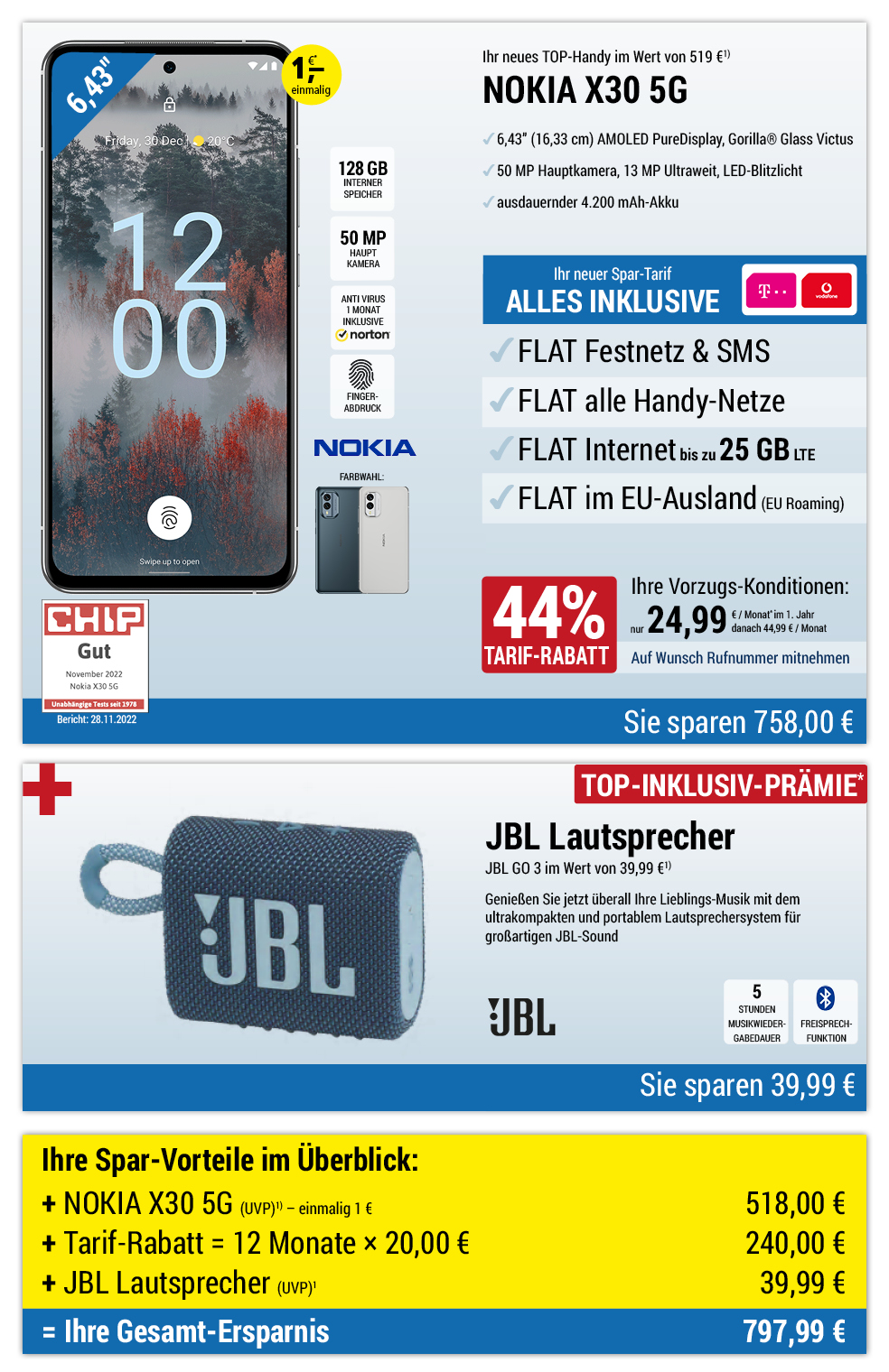 Für nur 1 €*: NOKIA X30 5G + JBL Lautsprecher mit ALL NET FLAT für 24,99 €/Monat im ersten Jahr