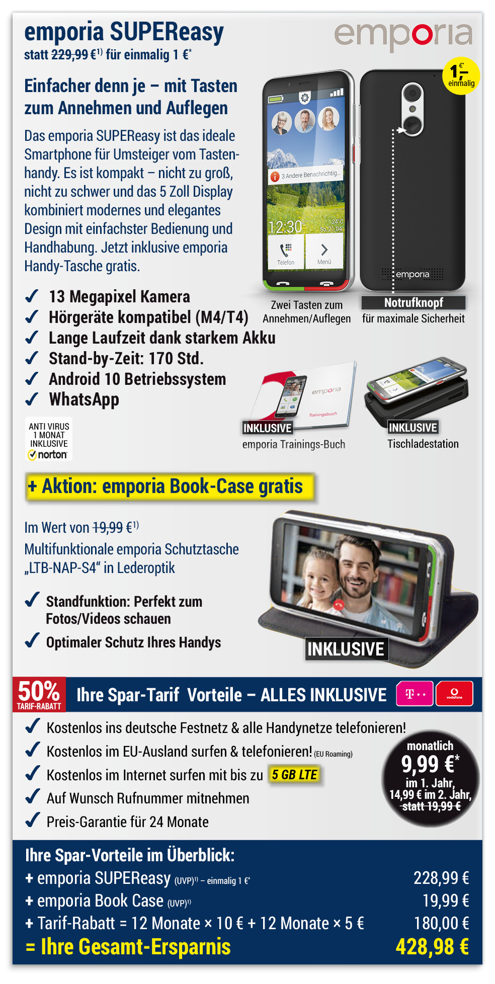 Für nur 1 €*: emporia SUPEReasy + Bookcase mit ALL NET FLAT für 9,99 €/Monat im ersten Jahr