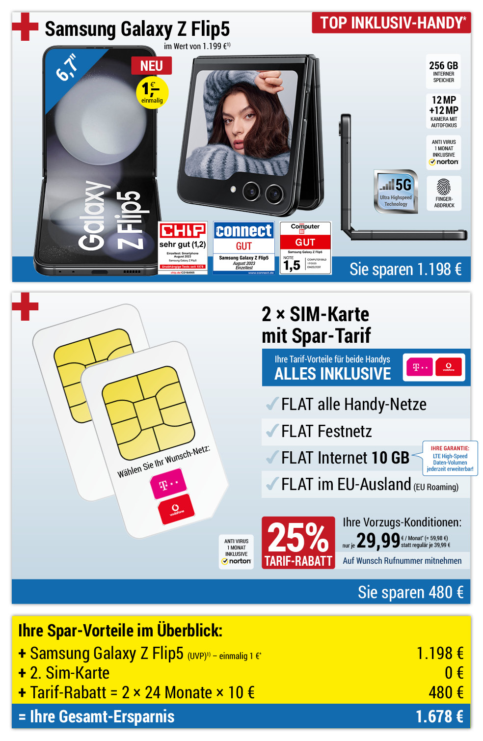 Für nur 1 €*: Samsung Galaxy Z Flip 5 + 2. Sim-Karte + Handyverträge mit ALL NET FLAT für je 29,99 €/Monat