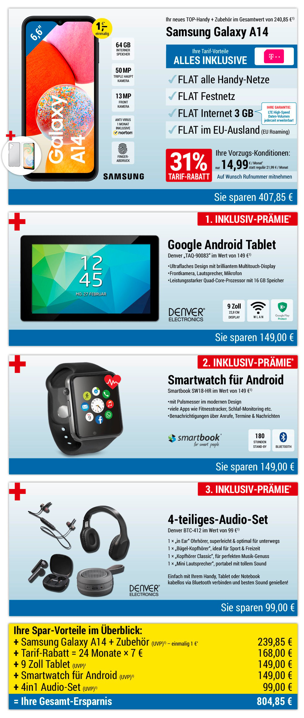 Für nur 1 €*: Samsung Galaxy A14 + Zubehör + Tablet + Smartwatch + Audio-Set mit ALL NET FLAT für 14,99 €/Monat