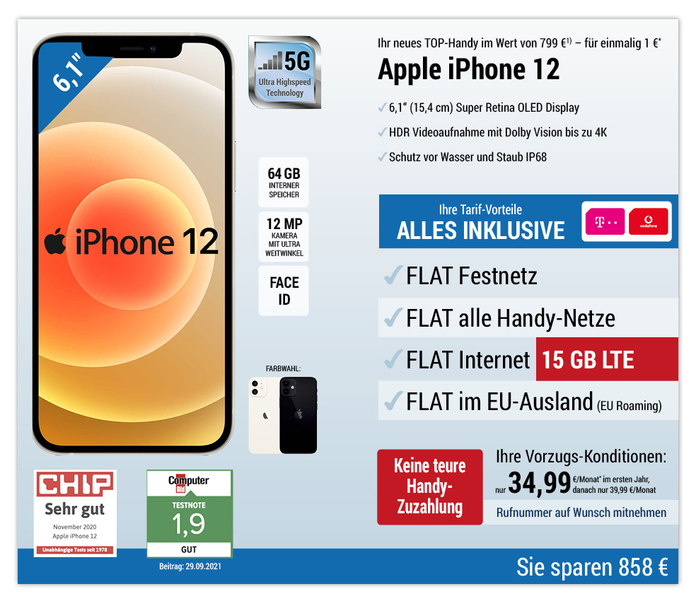 Für nur 1 €*: Apple iPhone 12 mit ALL NET FLAT für 34,99 €/Monat im ersten Jahr