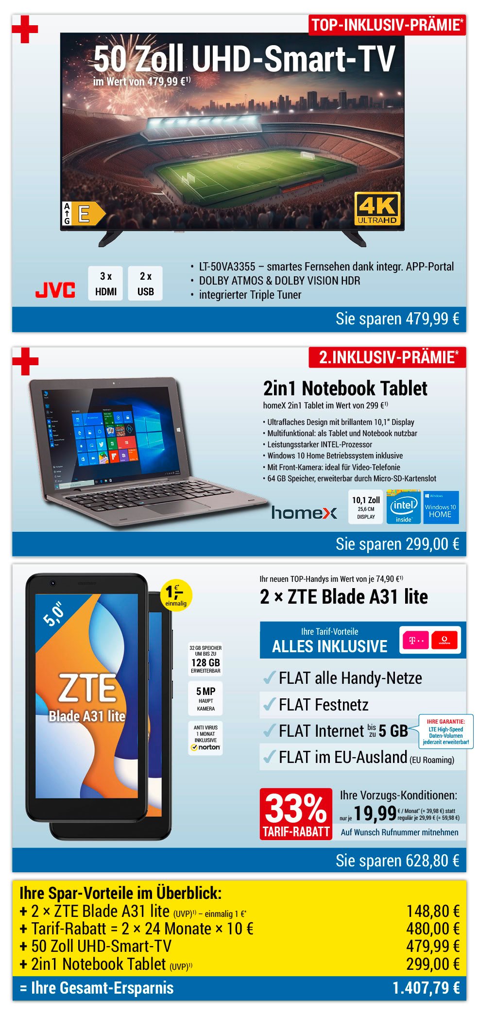Für nur 1 €*: 2 × ZTE Smartphone + 50 Zoll UHD-TV + 2in1 Notebook INKLUSIVE + Handyverträge mit ALL NET FLAT für je 19,99 €/Monat