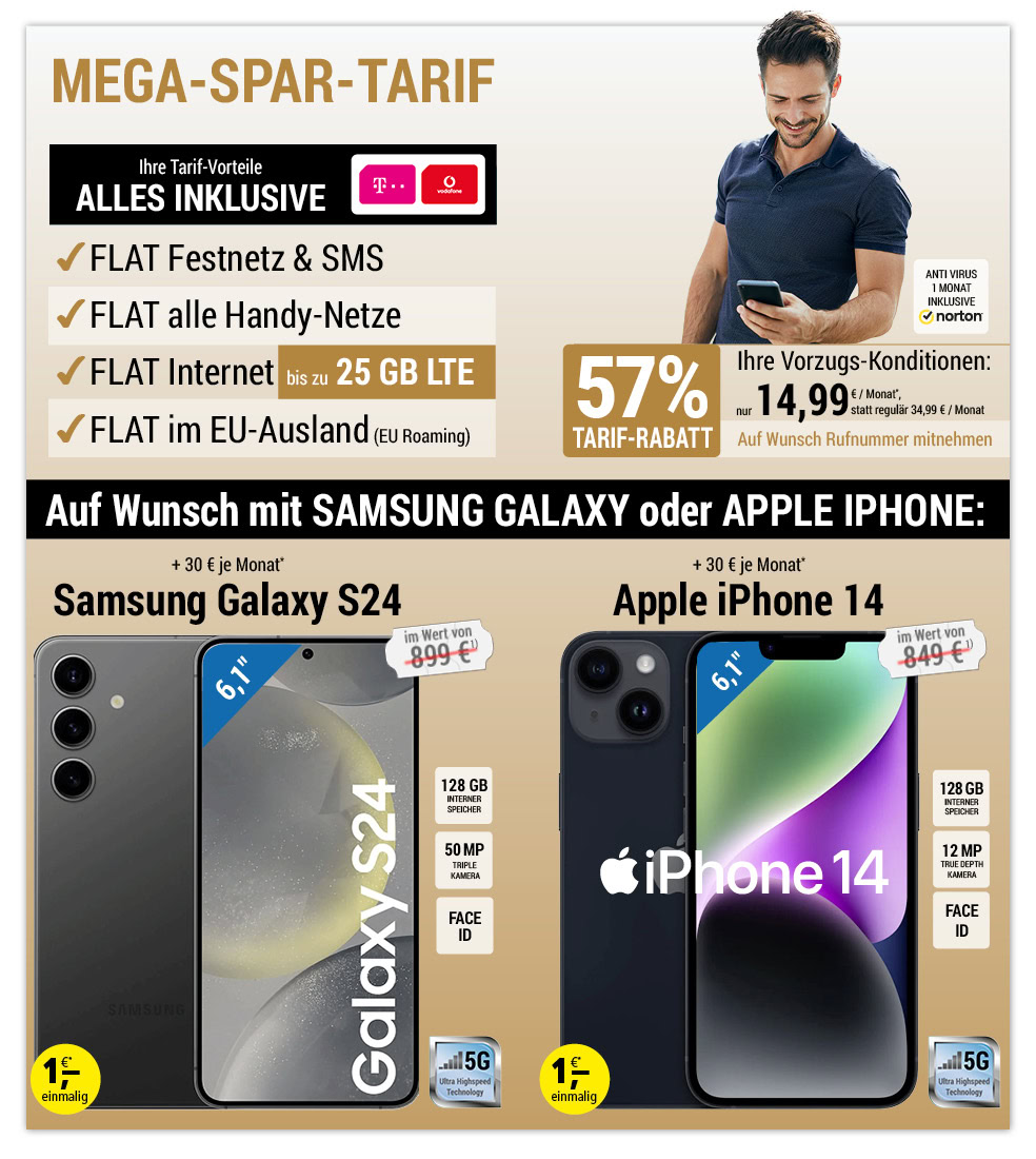 Für nur 1 €*: Samsung Galaxy S24 oder Apple iPhone 14 oder SIM only, ALL NET SPAR-Tarif für 14,99 € pro Monat