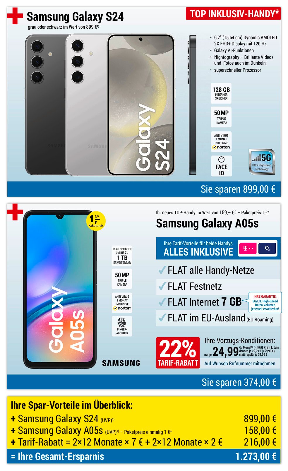 Für nur 1 €*: Samsung Galaxy S24 + Samsung Galaxy A05s + Handyverträge mit ALL NET FLAT für je 24,99 €/Monat im 1. Jahr