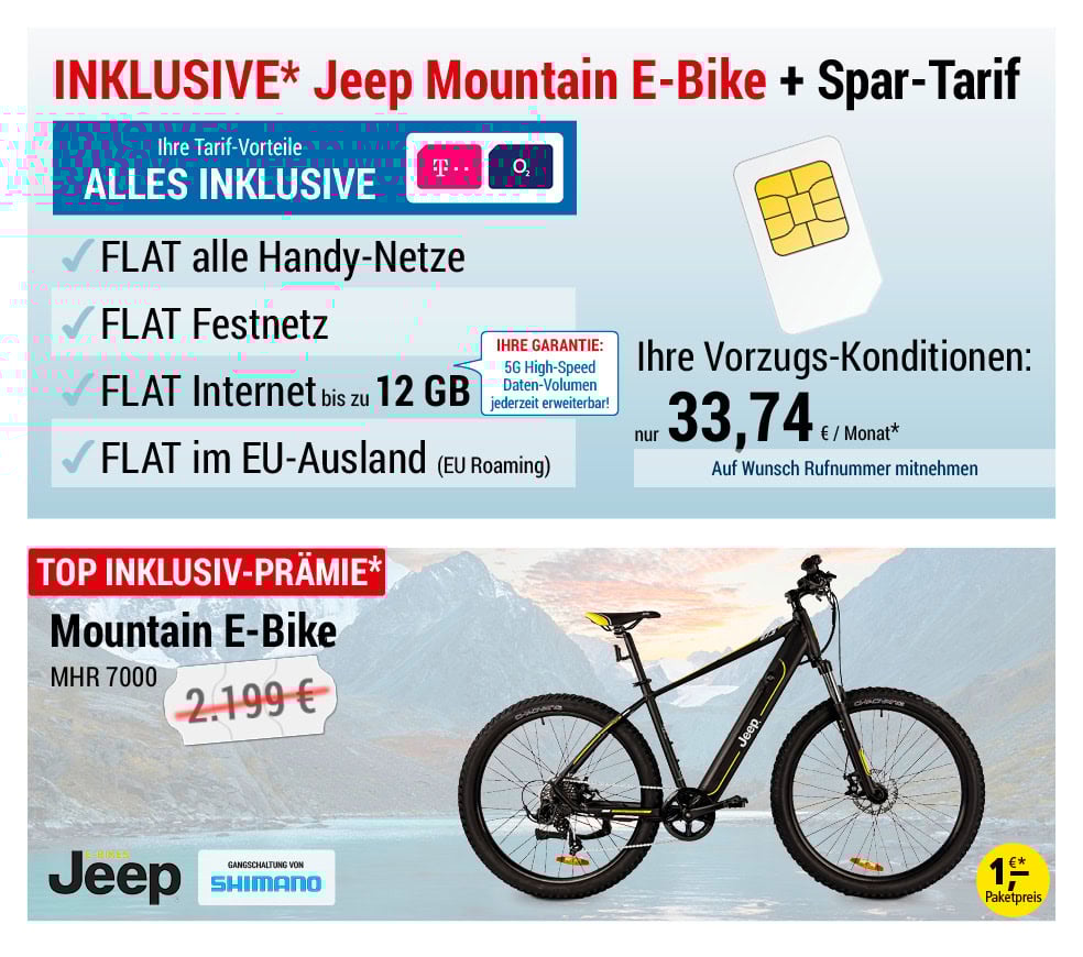 Für nur 1 €*: SIM only, ALL NET SPAR-Tarif für 33,74 € pro Monat mit Jeep Mountain E-Bike
