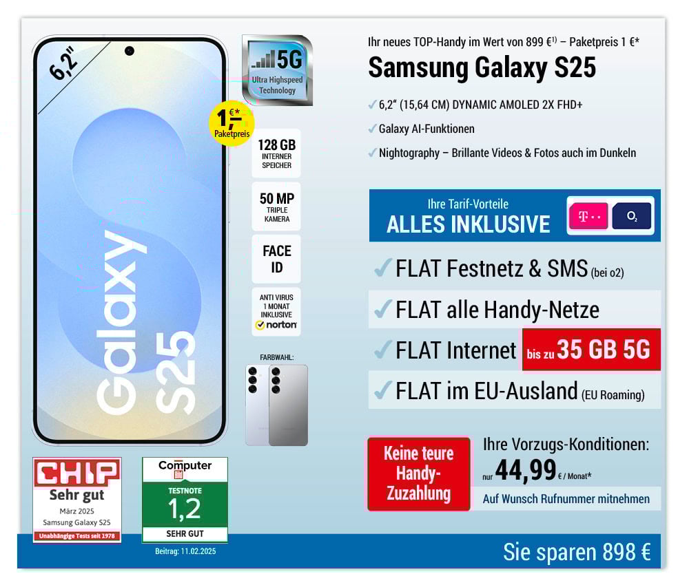 Für einmalig 1 €*: Samsung Galaxy S25 mit ALL NET FLAT für 44,99 €/Monat
