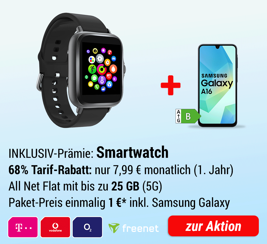Smartwatch INKLUSIVE + Samsung Galaxy A16 7,99 €/Monat (1. Jahr)