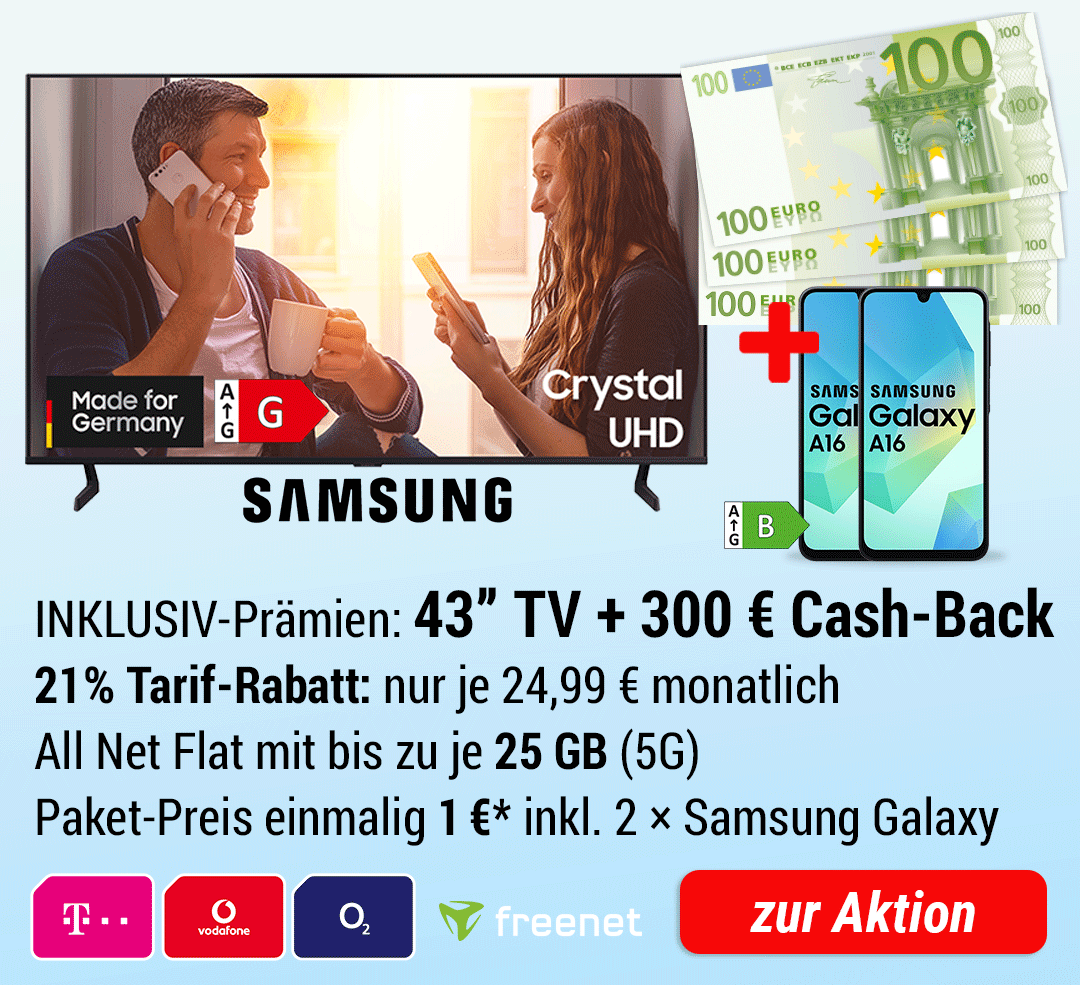 43 Zoll Samsung UHD-TV + 300 € bar INKLUSIVE + 2 × Samsung Galaxy A16 + Zubehör