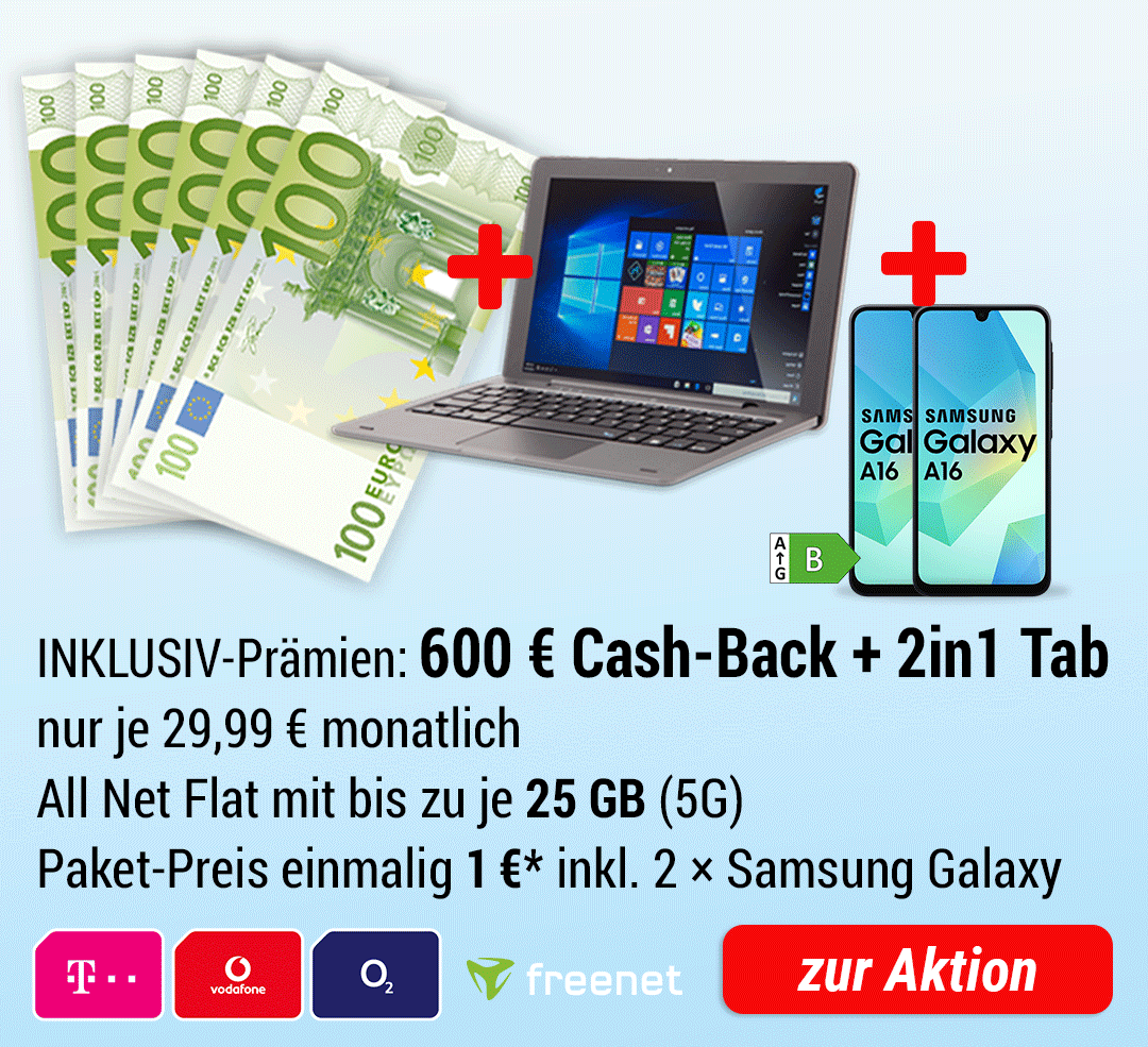 600 € bar + 2in1 Notebook INKLUSIVE + 2 × Samsung Galaxy A16 mit Zubehör