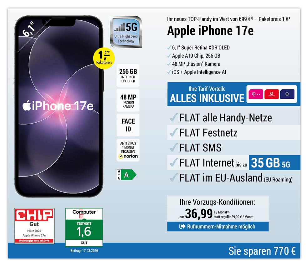 Für einmalig 1 €*: Apple iPhone 17e mit ALL NET FLAT für 36,99 €/Monat