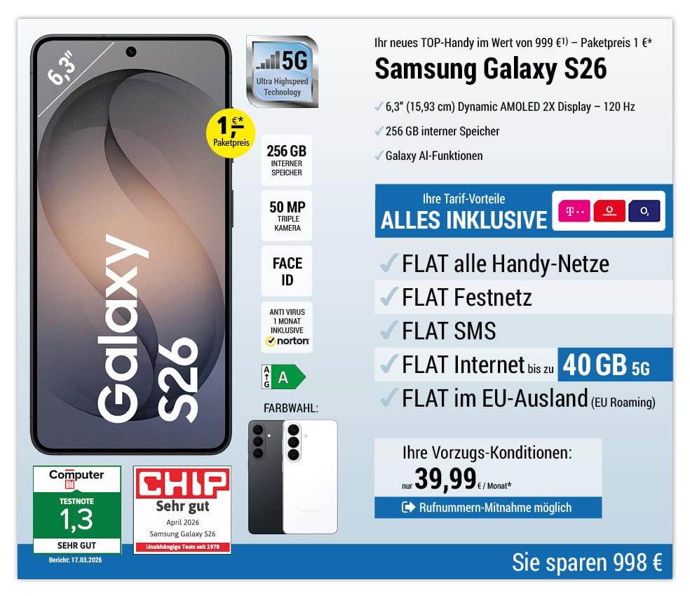 Für einmalig 1 €*: Samsung Galaxy S26 mit ALL NET FLAT für 39,99 €/Monat