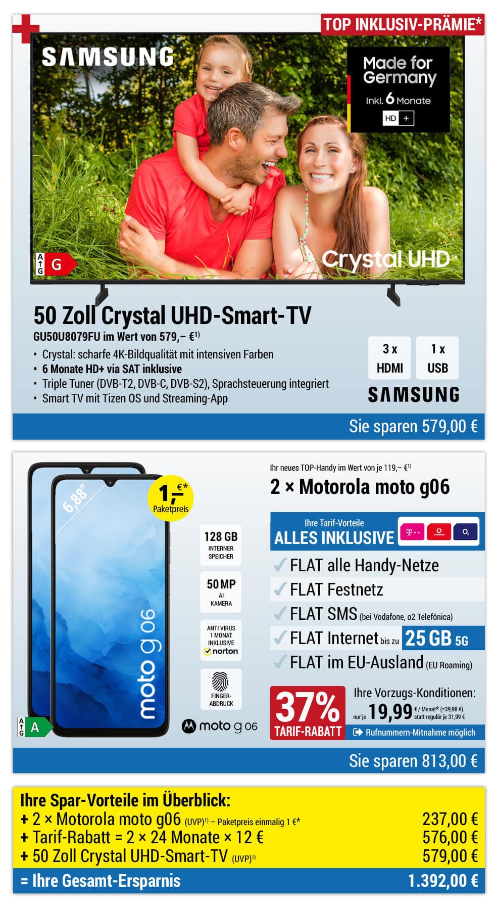 Für nur 1 €*: 2 × Motorola Moto g06 + Zubehör + 50 Zoll Samsung UHD-TV INKLUSIVE + Handyverträge mit ALL NET FLAT für je 19,99 €/Monat