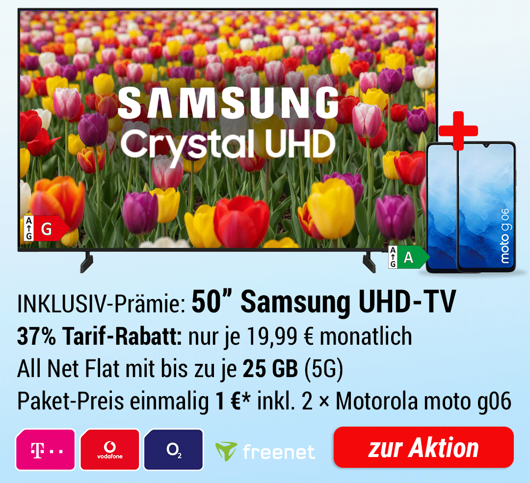 50 Zoll Samsung UHD-TV  INKLUSIVE + 2 × Motorola Moto g06 + Zubehör