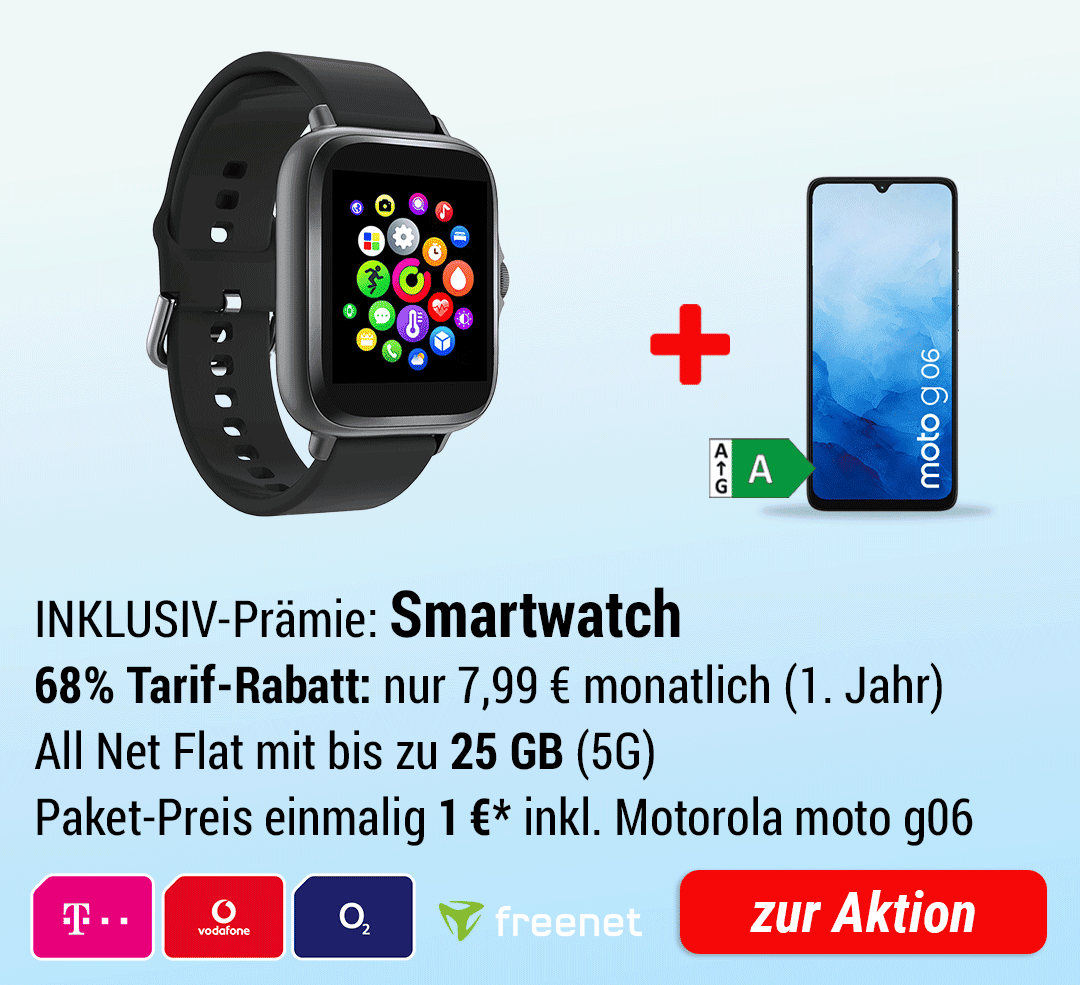 Smartwatch INKLUSIVE + Motorola moto g06 7,99 €/Monat (1. Jahr)