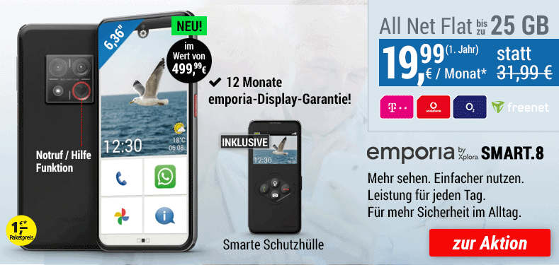 emporia SMART.8 + ALL NET FLAT für 19,99 €/Monat im ersten Jahr