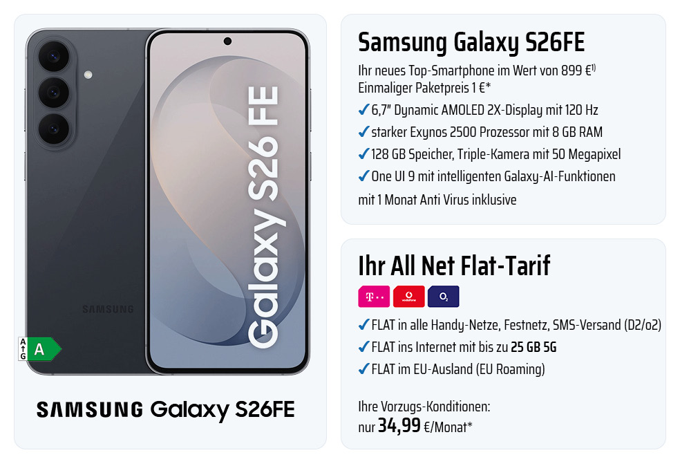 Samsung Galaxy S26FE mit bis zu 25 GB 5G