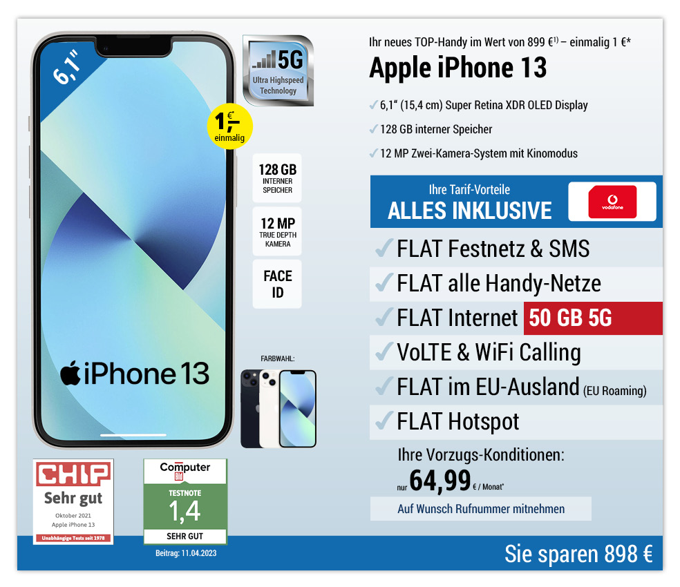 Für einmalig 1 €*: Apple iPhone 13 mit ALL NET FLAT für 64,99 €/Monat
