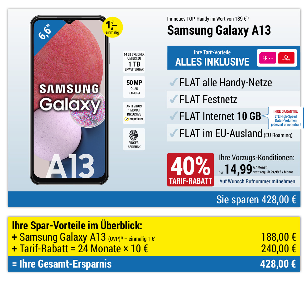 Für nur 1 €*: Samsung Galaxy A13 mit LL NET SPAR-Tarif für 14,99 € pro Monat