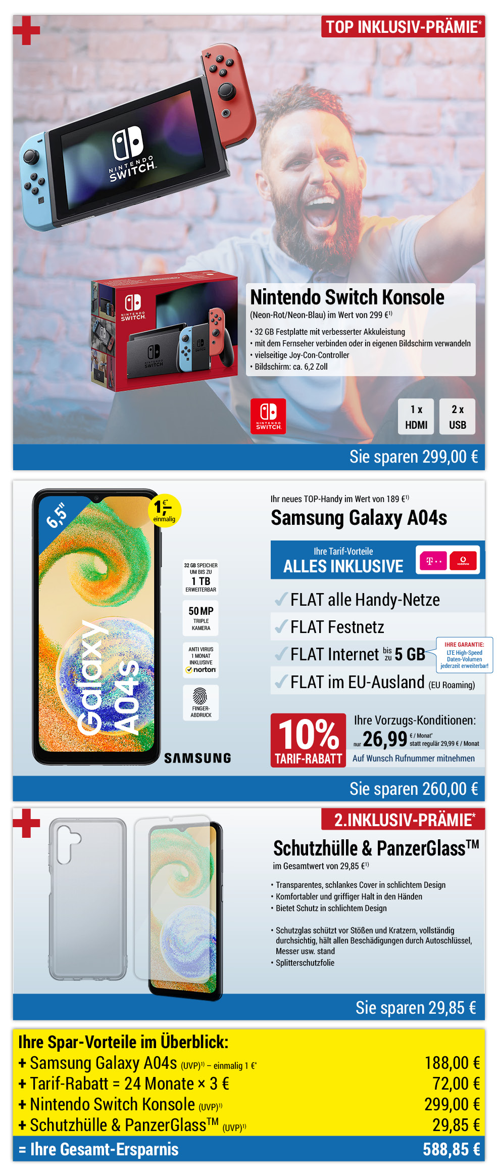 Für nur 1 €*: Samsung Galaxy A04s + Zubehör + Nintendo Switch mit ALL NET FLAT für 26,99 €/Monat