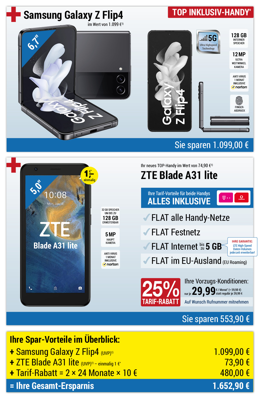 Für nur 1 €*: Samsung Galaxy Z Flip4 + ZTE Blade A31 lite + Handyverträge mit ALL NET FLAT für je 29,99 €/Monat