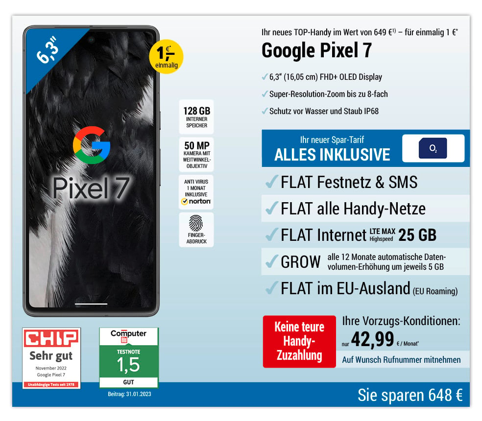 Für nur 1 €*: Google Pixel 7 mit ALL NET FLAT für 39,99 €/Monat