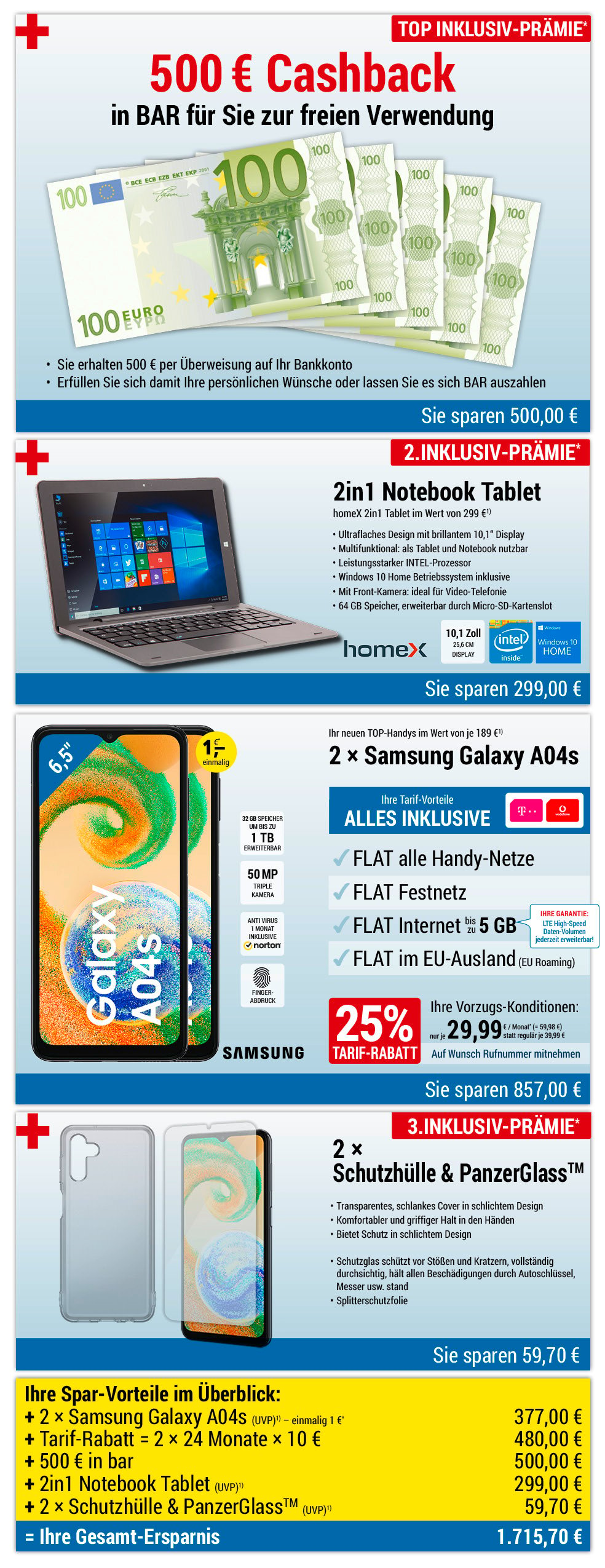 Für nur 1 €*: 2 × Samsung Galaxy A04s + Zubehör + 500 € bar + 2in1 Notebook INKLUSIVE + Handyverträge mit ALL NET FLAT für je 29,99 €/Monat