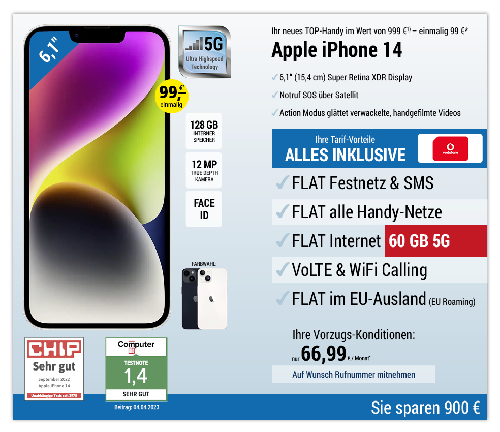 Für einmalig 99 €*: Apple iPhone 14 mit ALL NET FLAT für 66,99 €/Monat