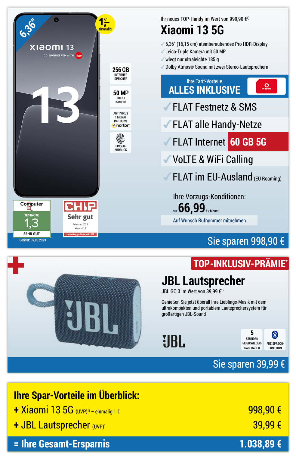 Für einmalig 1 €*: Xiaomi 13 + JBL Lautsprecher mit ALL NET FLAT für 66,99 €/Monat