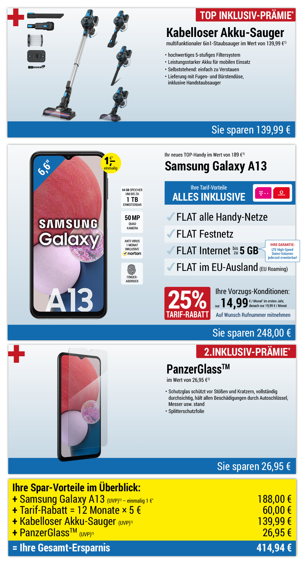 Für nur 1 €*: Samsung Galaxy A13 + Schutzfolie + Akku-Staubsauger mit ALL NET SPAR-Tarif für 14,99 € pro Monat im ersten Jahr
