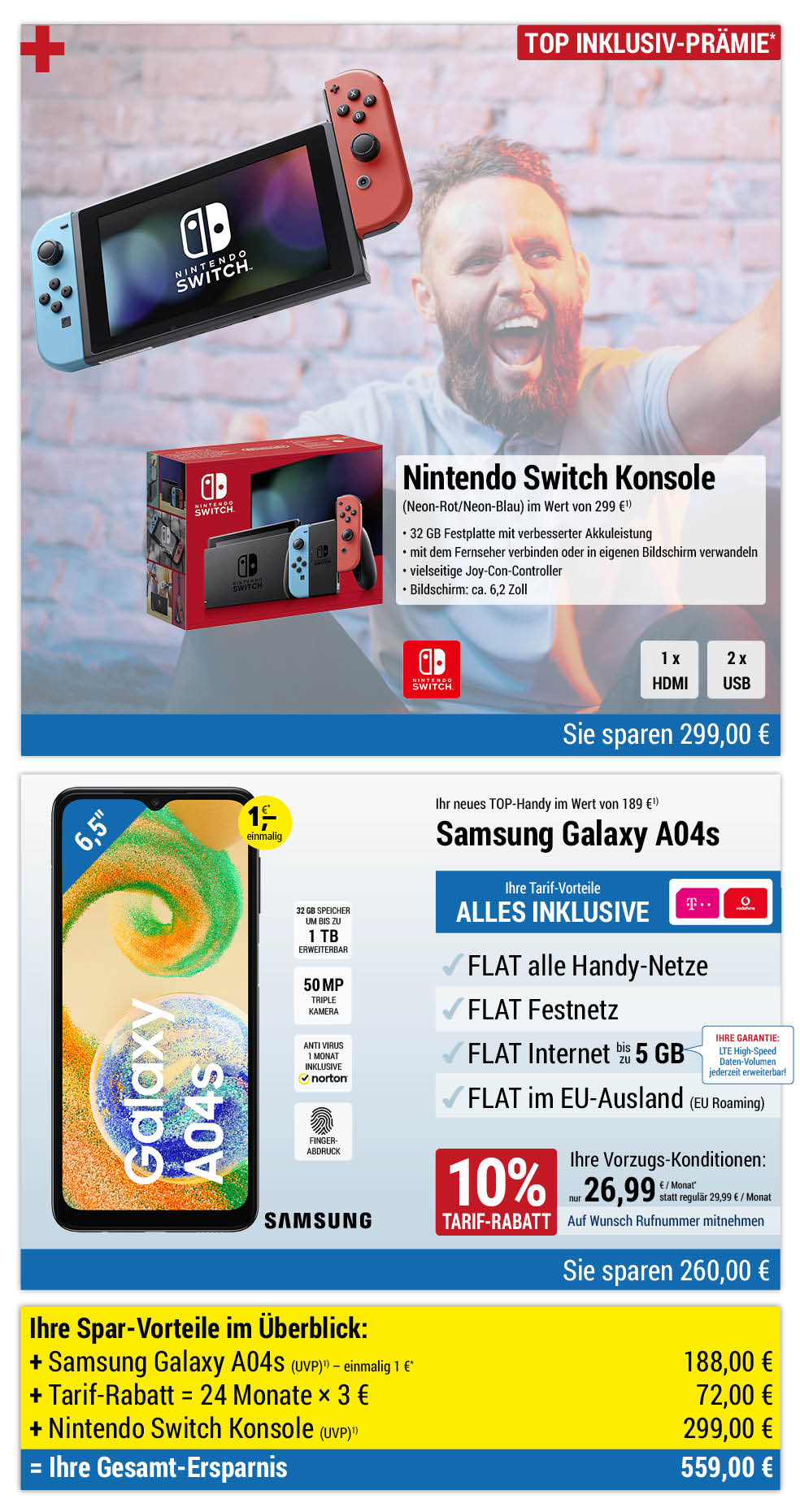 Für nur 1 €*: Samsung Galaxy A04s + Nintendo Switch mit ALL NET FLAT für 26,99 €/Monat