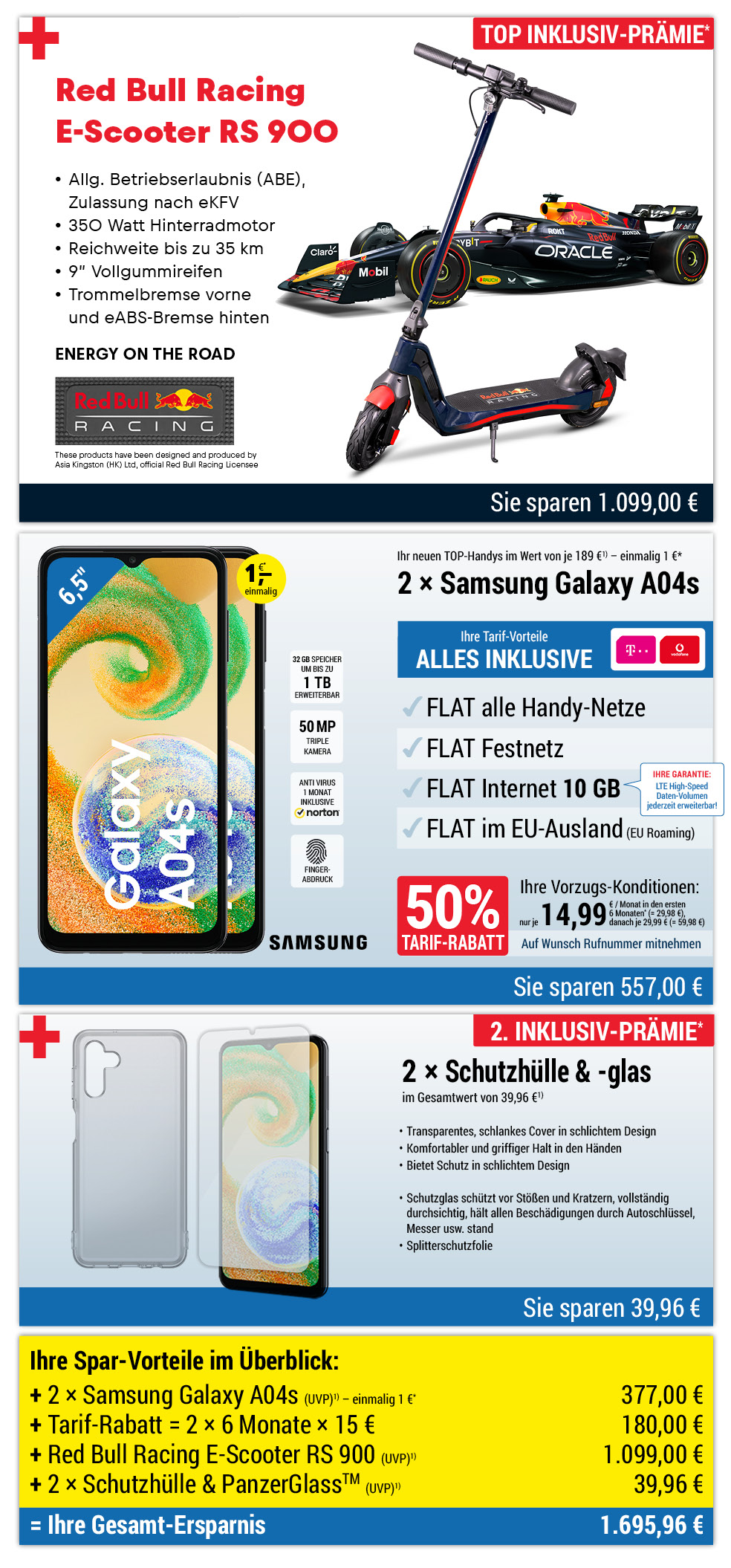 Für nur 1 €*: 2 × Samsung Galaxy A04s + Zubehör + Red Bull E-Scooter INKLUSIVE + Handyverträge mit ALL NET FLAT für je 14,99 €/Monat in den ersten 6 Monaten