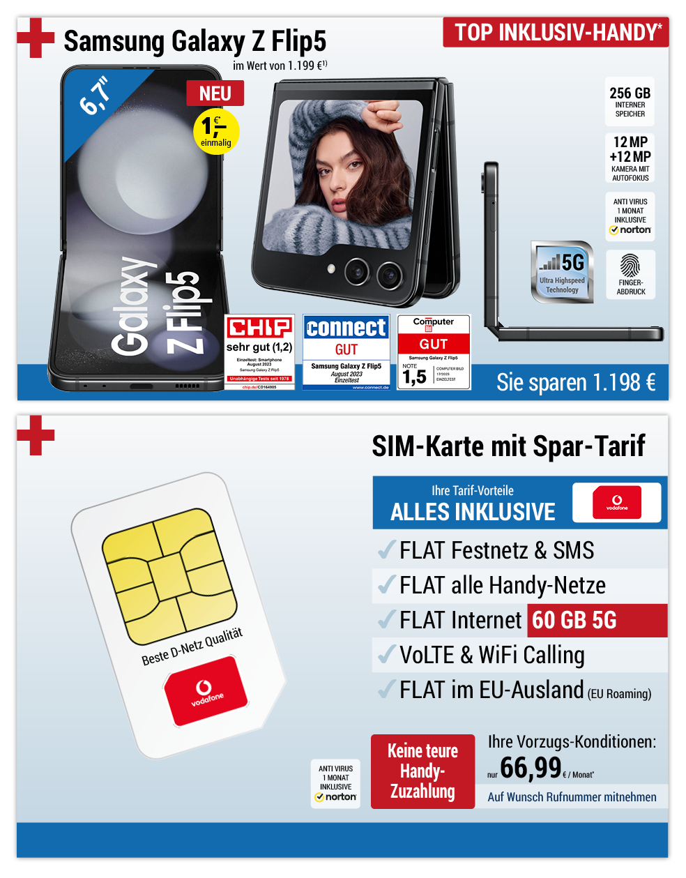 Für einmalig 1 €*: Samsung Galaxy Flip 5 mit ALL NET FLAT für 66,99 €/Monat