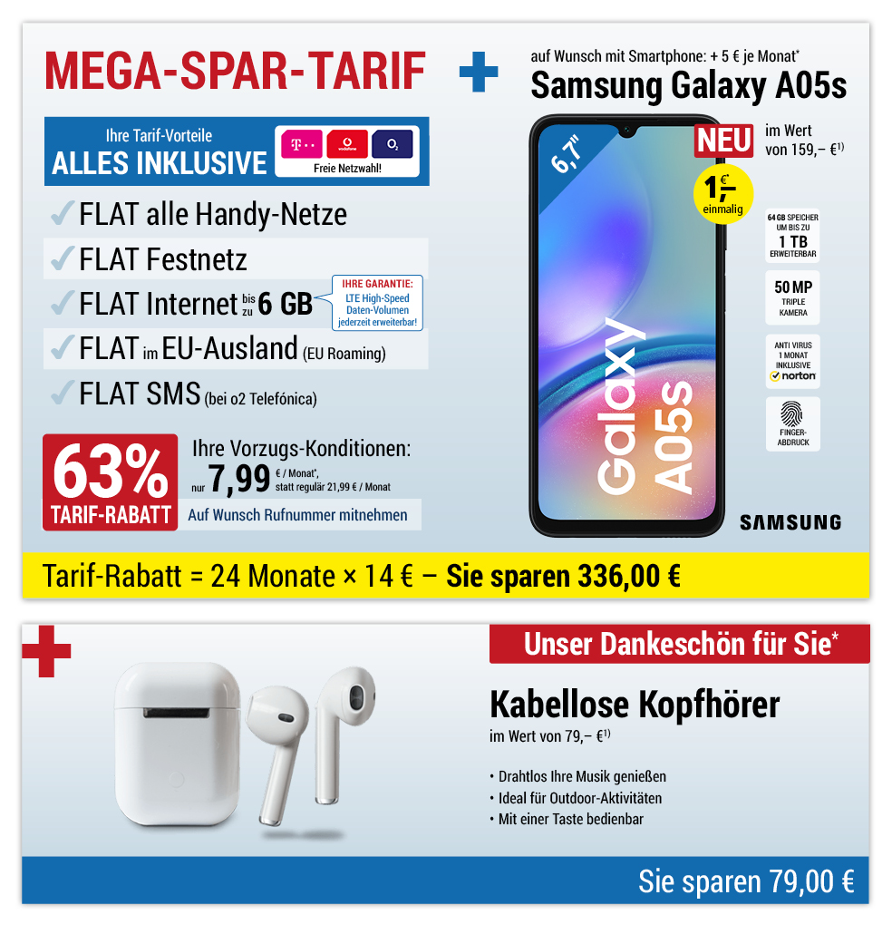 Für nur 1 €*: Samsung Galaxy A05s oder SIM only, ALL NET SPAR-Tarif für 7,99 € pro Monat + Kopfhörer