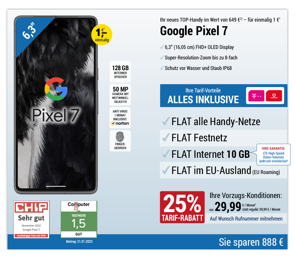 Für nur 1 €*: Google Pixel 7 mit 10 GB ALL NET FLAT für 29,99 €/Monat