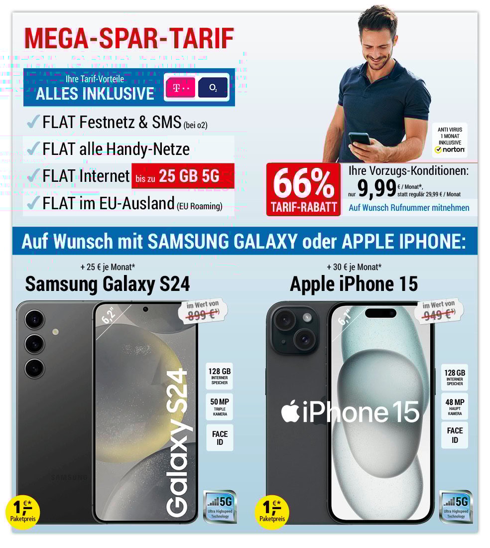 Für nur 1 €*: Samsung Galaxy S24 oder Apple iPhone 15 oder SIM only, ALL NET SPAR-Tarif für 9,99 € pro Monat