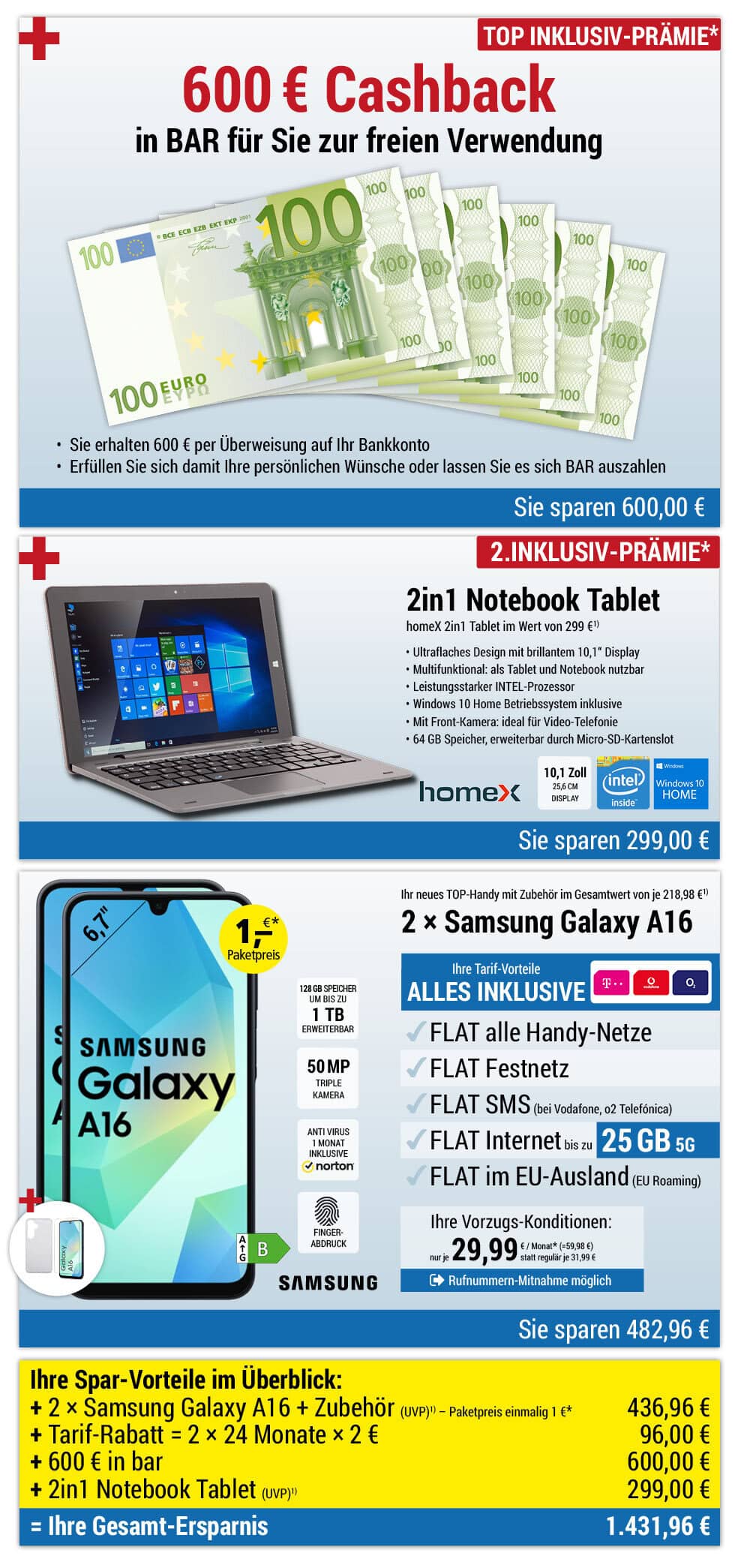 Für nur 1 €*: 2 × Samsung Galaxy A16 mit Zubehör + 600 € bar + 2in1 Notebook INKLUSIVE + Handyverträge mit ALL NET FLAT für je 29,99 €/Monat