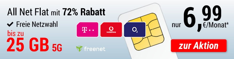 ALL NET FLAT-Tarif für 6,99 € pro Monat mit bis zu 25 GB 5G