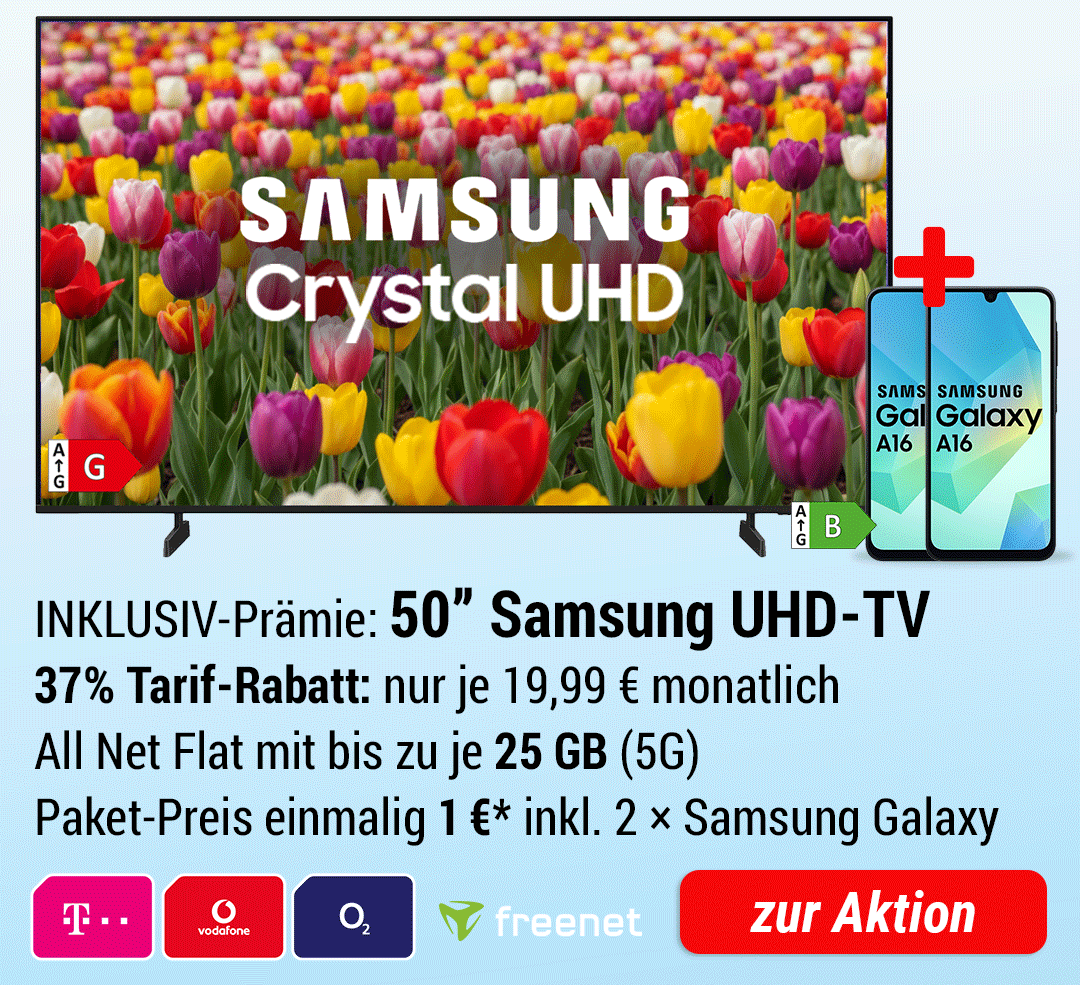 50 Zoll Samsung UHD-TV  INKLUSIVE + 2 × Samsung Galaxy A16 + Zubehör