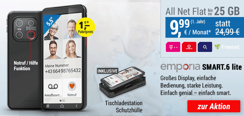 emporia SMART.6 lite + ALL NET FLAT für 9,99 €/Monat im ersten Jahr