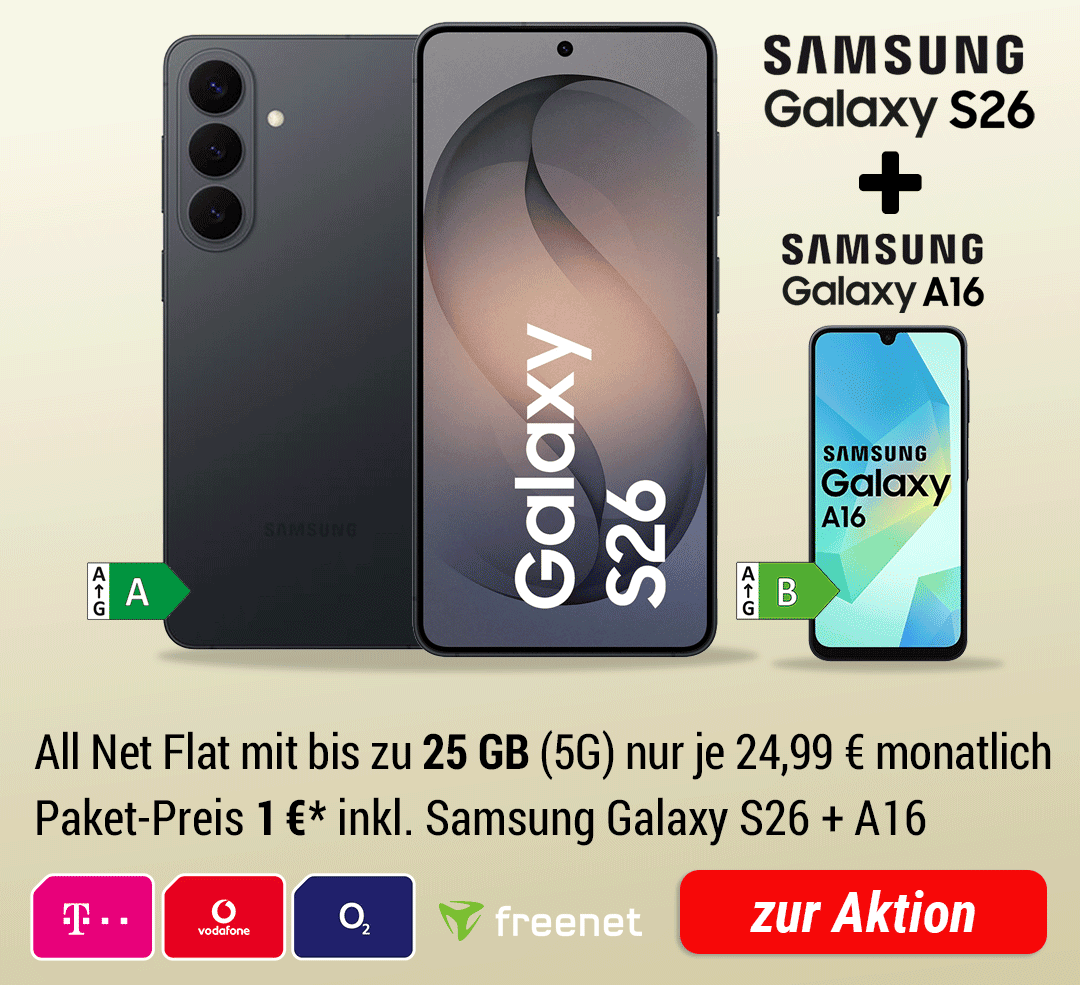 Samsung Galaxy S26 + Samsung Galaxy A16 + All Net Flat mit bis 25 GB